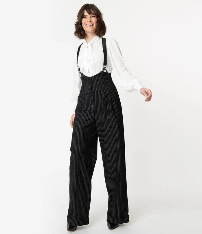 1930s Black and White Pin Stripe Thelma Suspender Pants Clothing Unique Vintage Pants