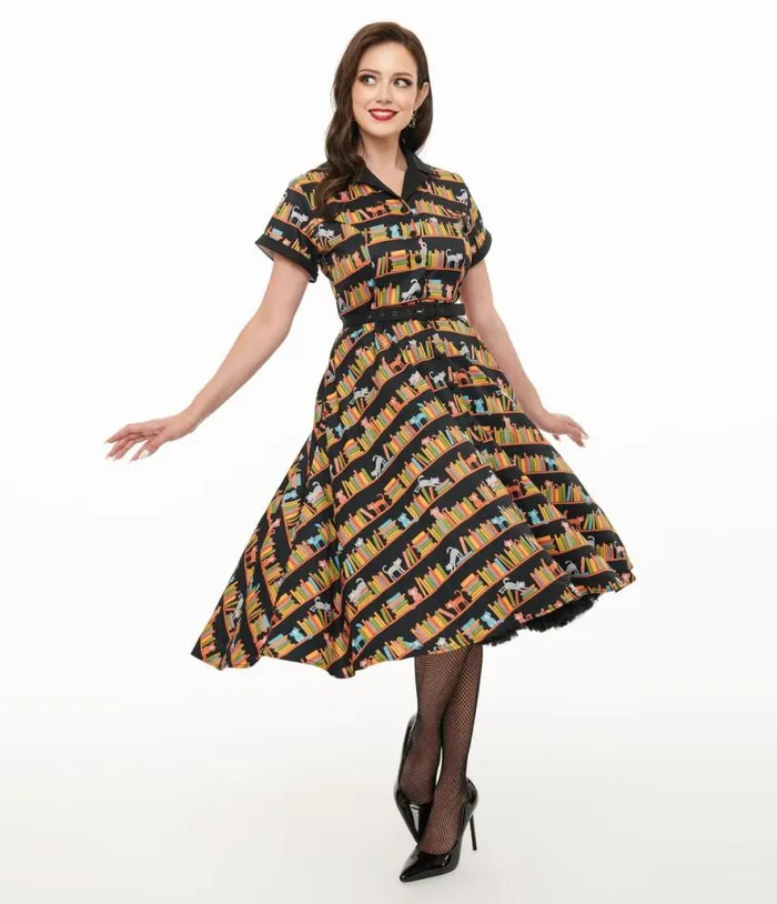 1950s Cat and Bookshelf Print Alexis Swing Dress Dresses Unique Vintage Pocket Dresses