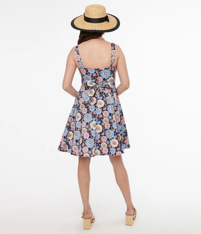 1950s Navy and Multicolor Daisy Print Cotton Flare Dress Dresses Unique Vintage Pocket Dresses