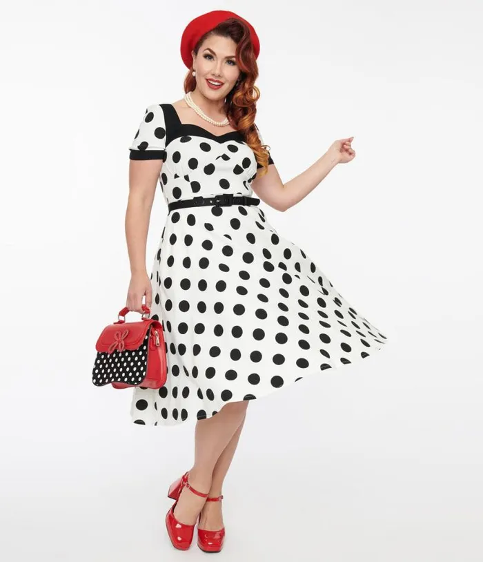 1950s White and Black Polka Dot Swing Dress Dresses Unique Vintage Pocket Dresses