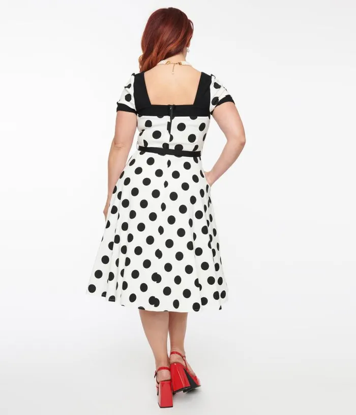1950s White and Black Polka Dot Swing Dress Dresses Unique Vintage Pocket Dresses