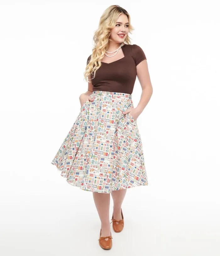 1950s White Sewing Print Cotton Swing Skirt Clothing Unique Vintage Skirts