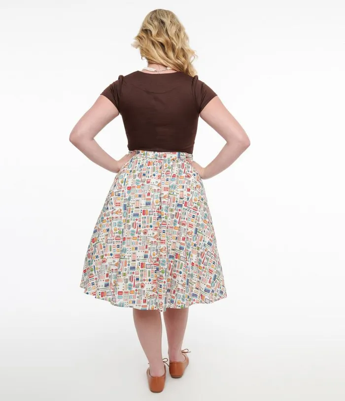 1950s White Sewing Print Cotton Swing Skirt Clothing Unique Vintage Skirts