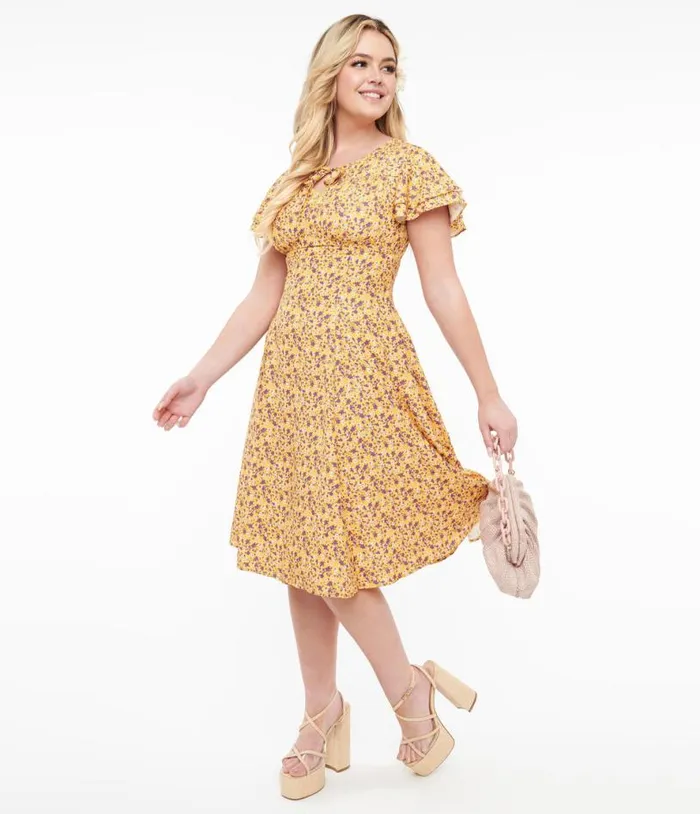 1950s Yellow and Purple Floral Capelet Swing Dress Dresses Unique Vintage Swing