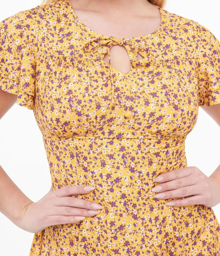 1950s Yellow and Purple Floral Capelet Swing Dress Dresses Unique Vintage Swing