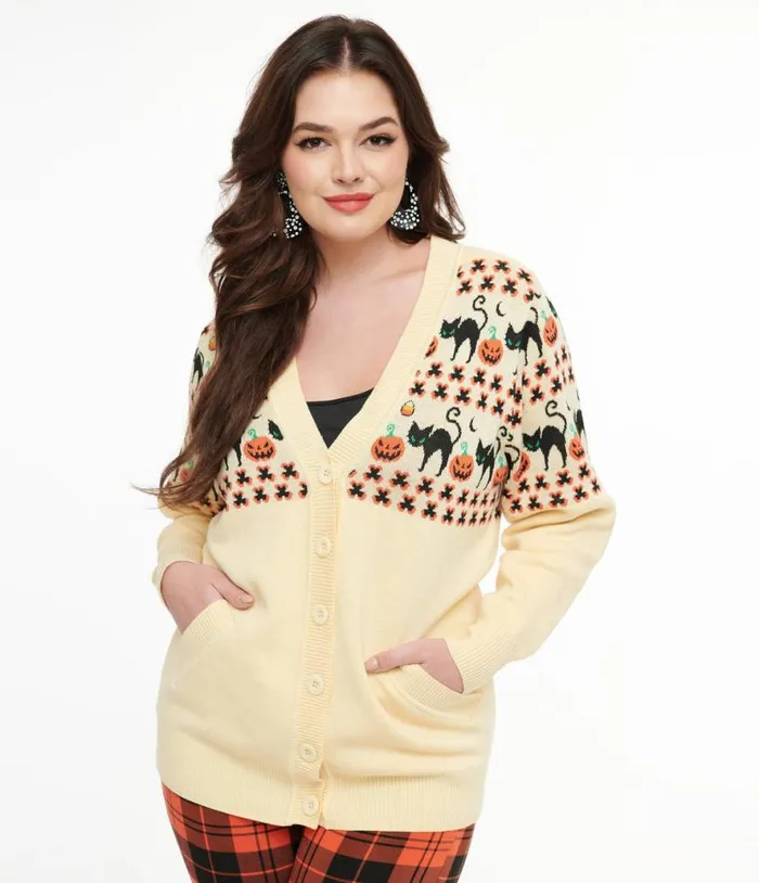 1960s Ivory and Orange Halloween Print Cardigan ClothingHalloween Unique Vintage Sweaters and Cardigans