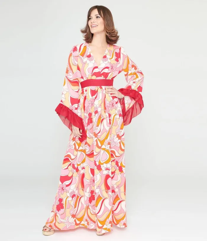 1960s Pink and Red Psychedelic Floral Maxi Dress Dresses Unique Vintage Maxi