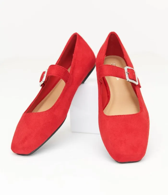 1960s Red Suede Rhinestone Buckle Mary Jane Flats Shoes Unique Vintage Flats