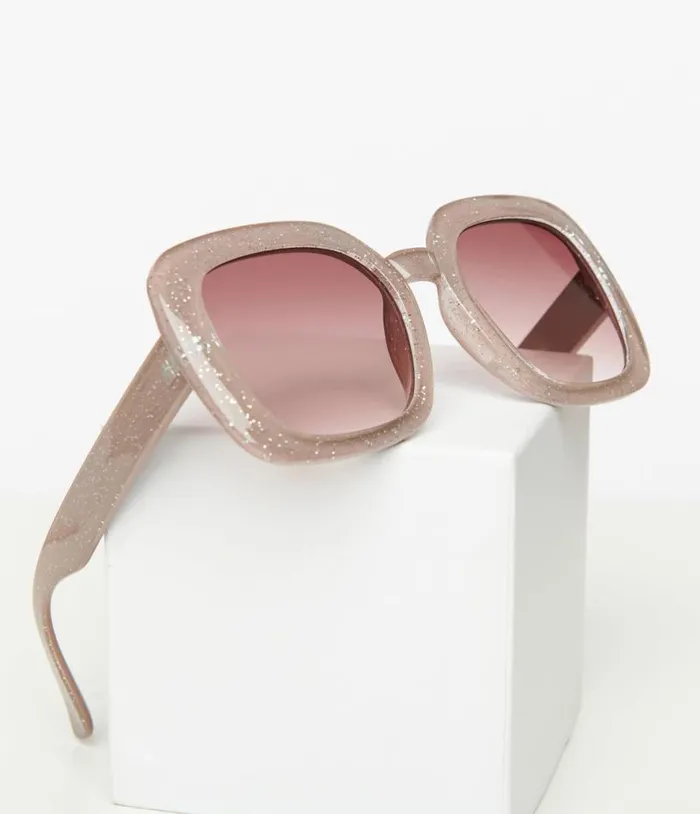 1970s Beige Sparkle Square Sunglasses Accessories Unique Vintage Sunglasses