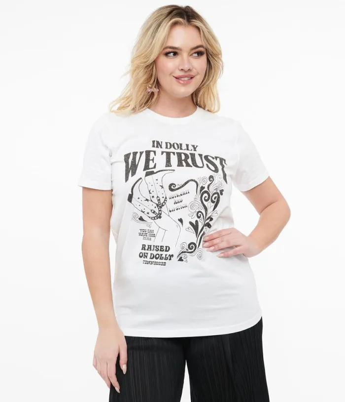 1970s White and Black In Dolly We Trust Fitted Graphic Tee Clothing Unique Vintage Graphic Tees