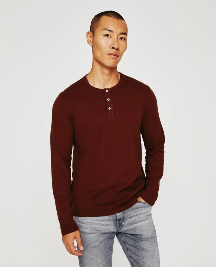 AG Jeans Bryce Long Sleeve Henley Dark Sangria Men Tees