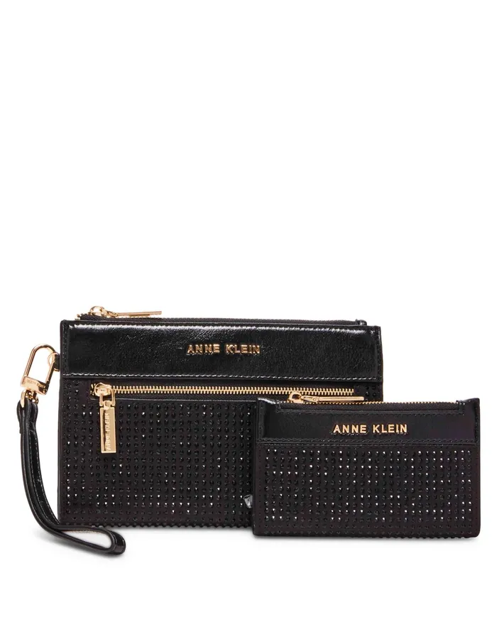 Anne Klein 2 Piece Gift Set With Rhinestone Zip Clutch And Card Case Black Women Handbags