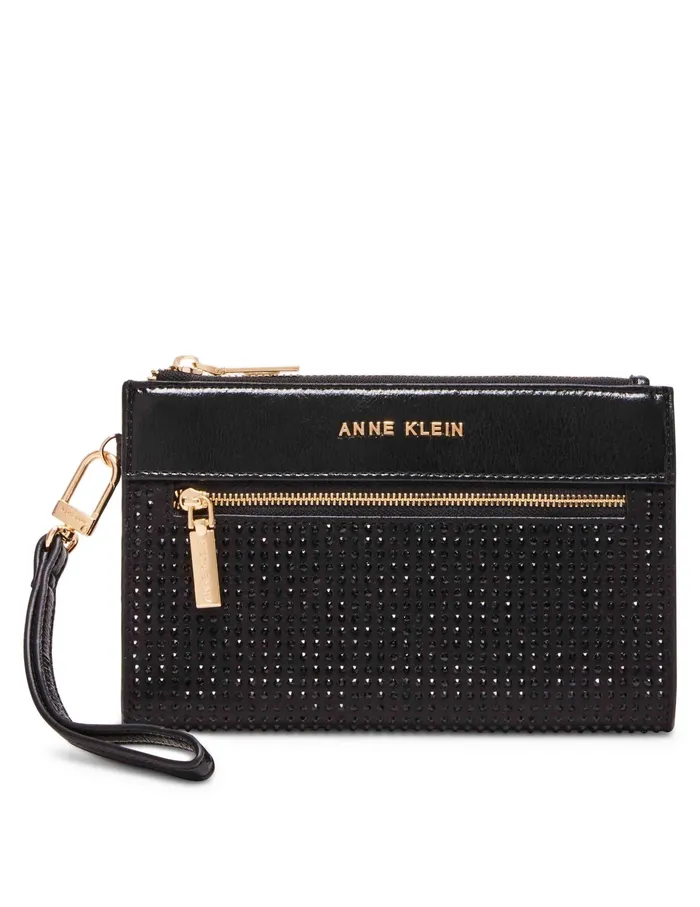 Anne Klein 2 Piece Gift Set With Rhinestone Zip Clutch And Card Case Black Women Handbags