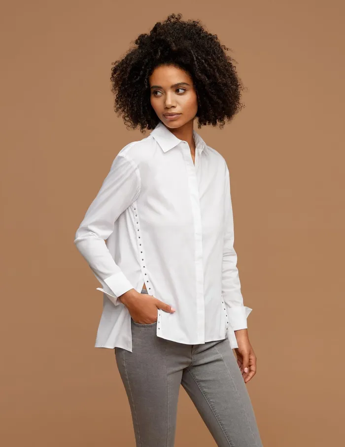 Anne Klein Long Sleeve Poplin ButtonDown With Rhinestone Trim Bright White Women Clothing