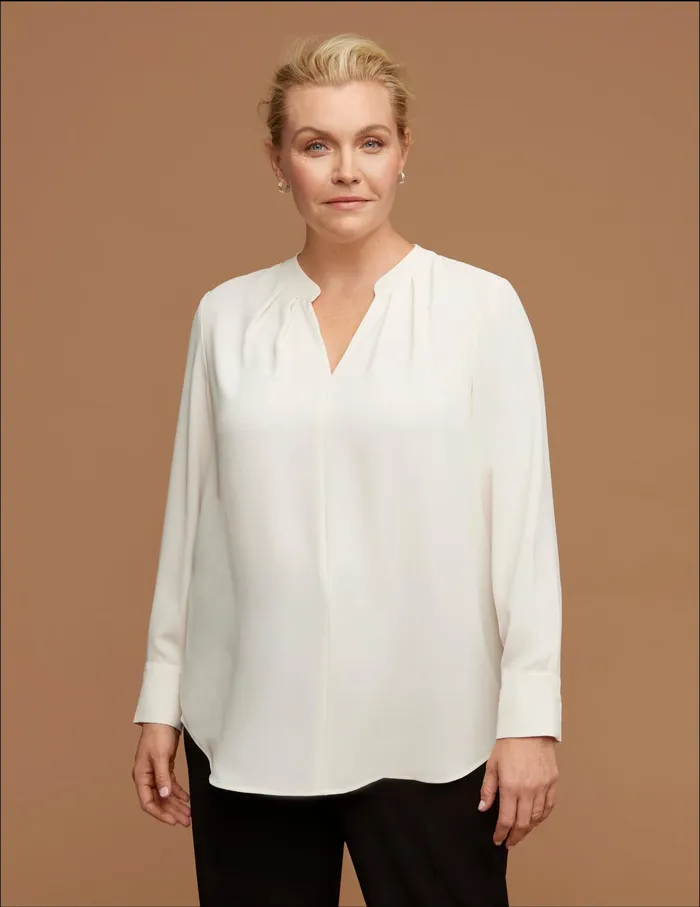 Anne Klein Plus Size Long Sleeve Pleated Neck Blouse Anne White Women Clothing