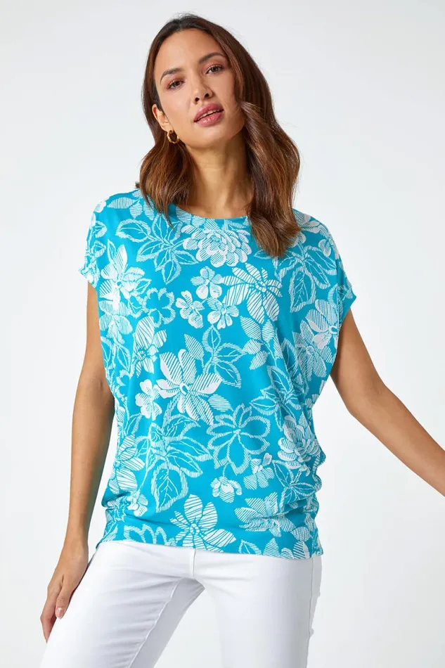 Aqua Textured Floral Print Top Women Roman Tops