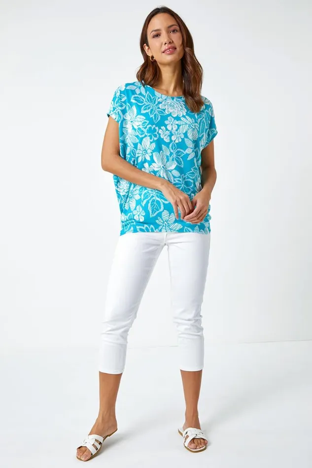 Aqua Textured Floral Print Top Women Roman Tops