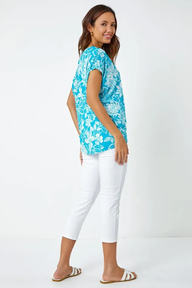 Aqua Textured Floral Print Top Women Roman Tops