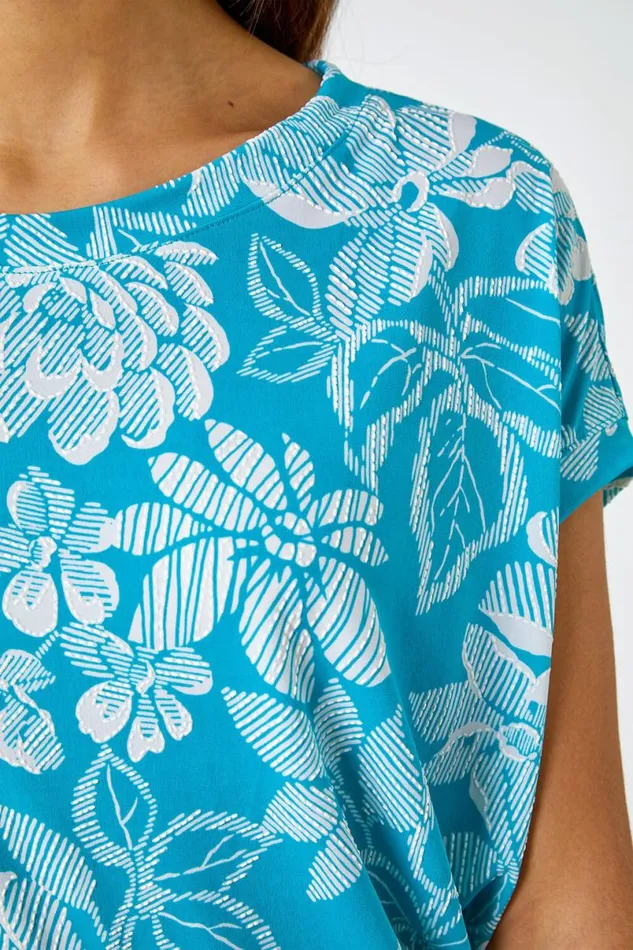 Aqua Textured Floral Print Top Women Roman Tops