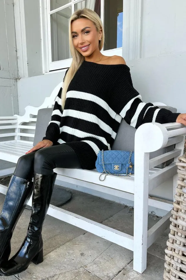 AX Paris Black And Cream Stripe Knitted Off The Shoulder Jumper Knitwear