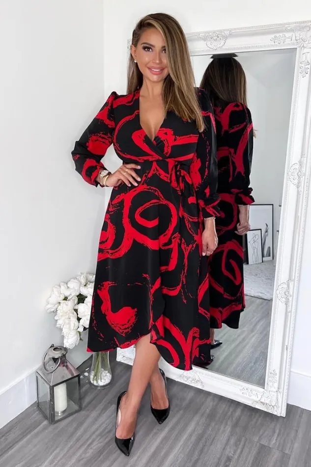 AX Paris Black And Red Long Sleeve Wrap Midi Dress Dresses