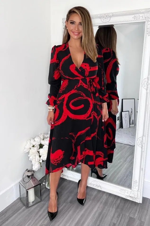 AX Paris Black And Red Long Sleeve Wrap Midi Dress Dresses