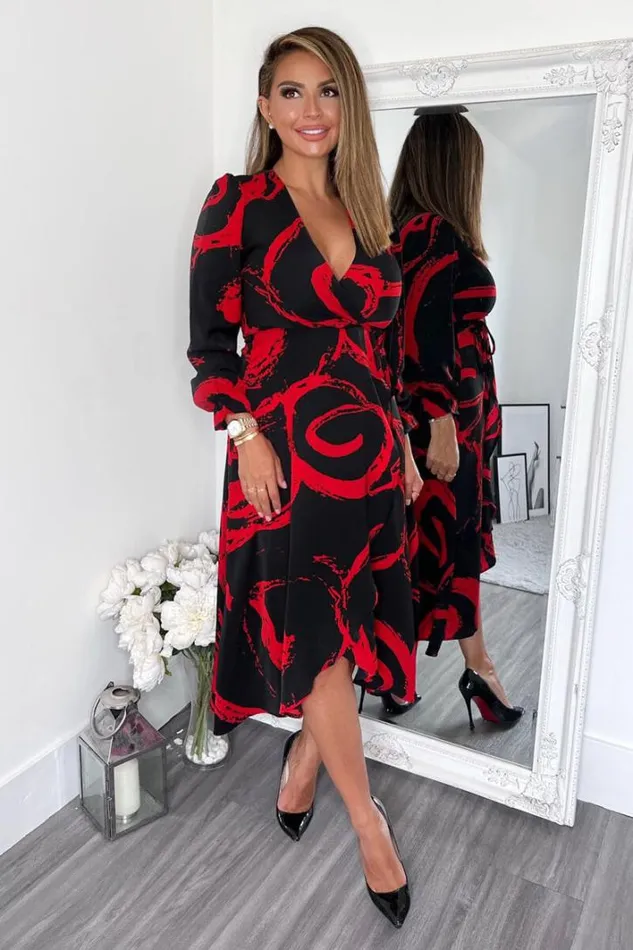 AX Paris Black And Red Long Sleeve Wrap Midi Dress Dresses