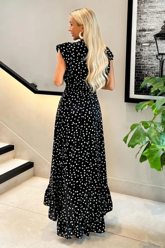 AX Paris Black And White Polka Dot Wrap Over Top Frill Hem Midi Dress Dresses