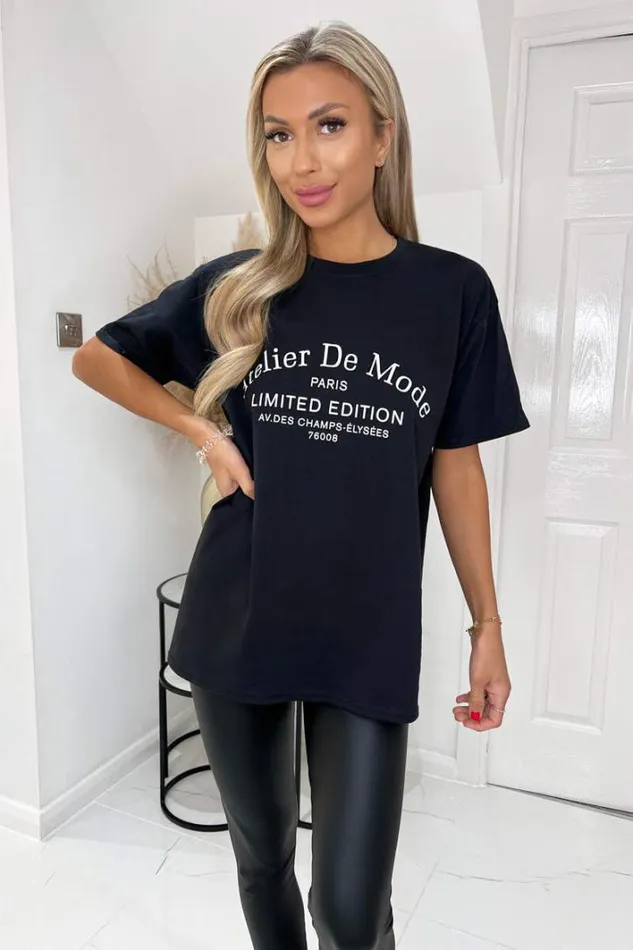 AX Paris Black Atelier Slogan TShirt Tops