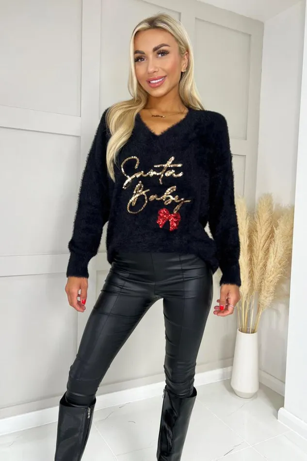 AX Paris Black Fluffy Santa Baby Sequin Jumper Knitwear