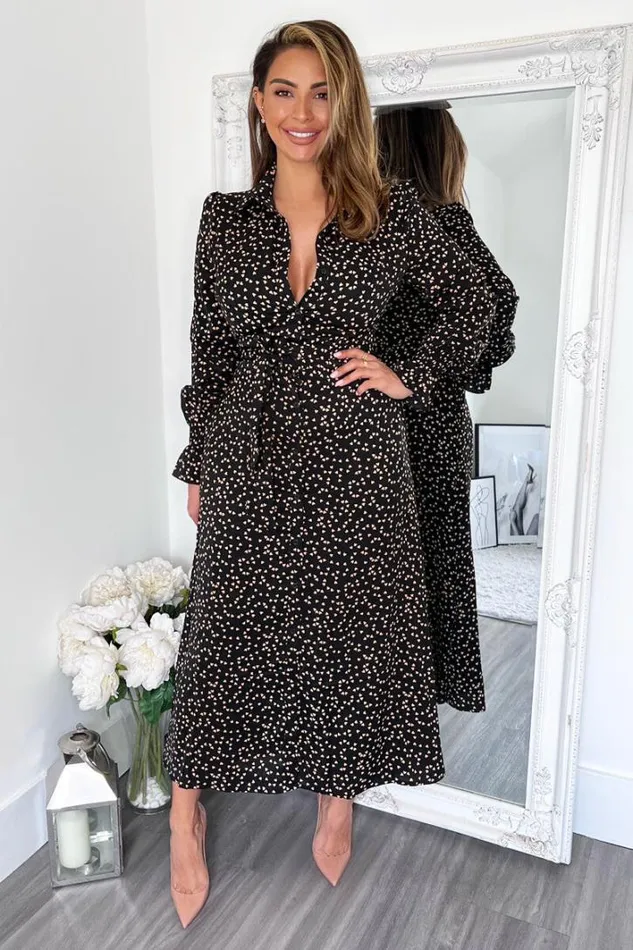 AX Paris Black Heart Printed Tie Waist Midi Shirt Dress Dresses