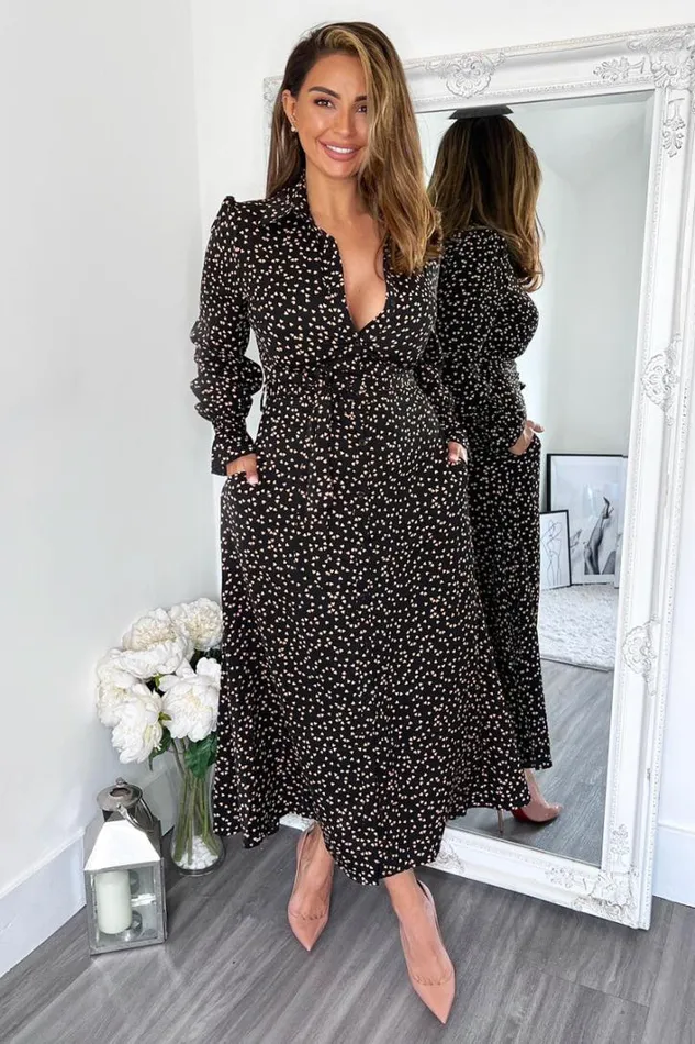 AX Paris Black Heart Printed Tie Waist Midi Shirt Dress Dresses