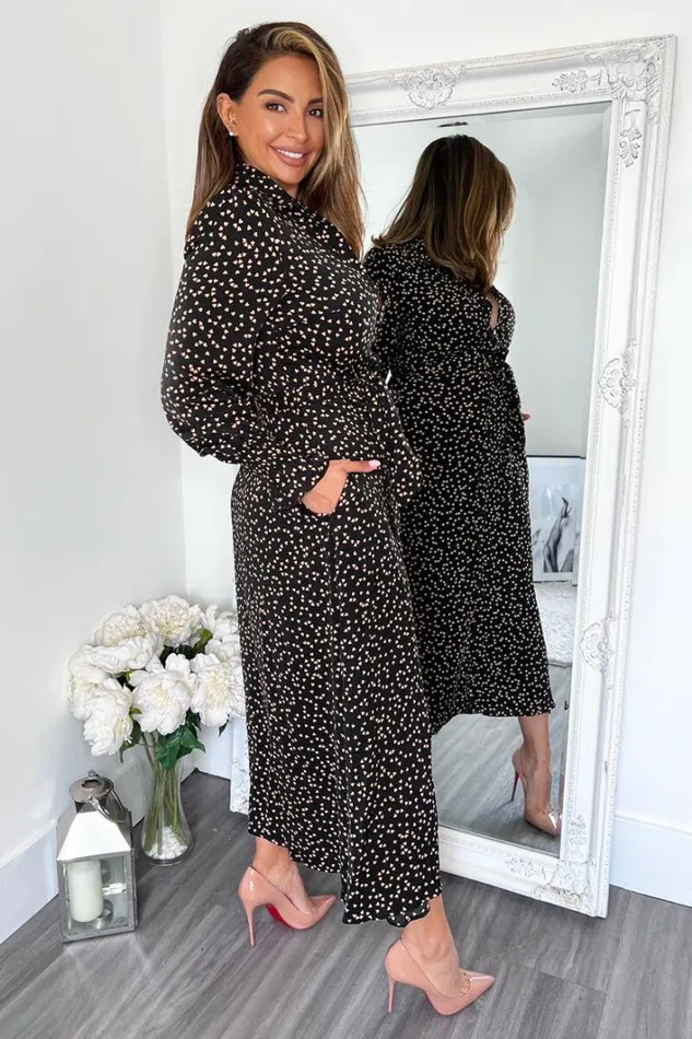 AX Paris Black Heart Printed Tie Waist Midi Shirt Dress Dresses