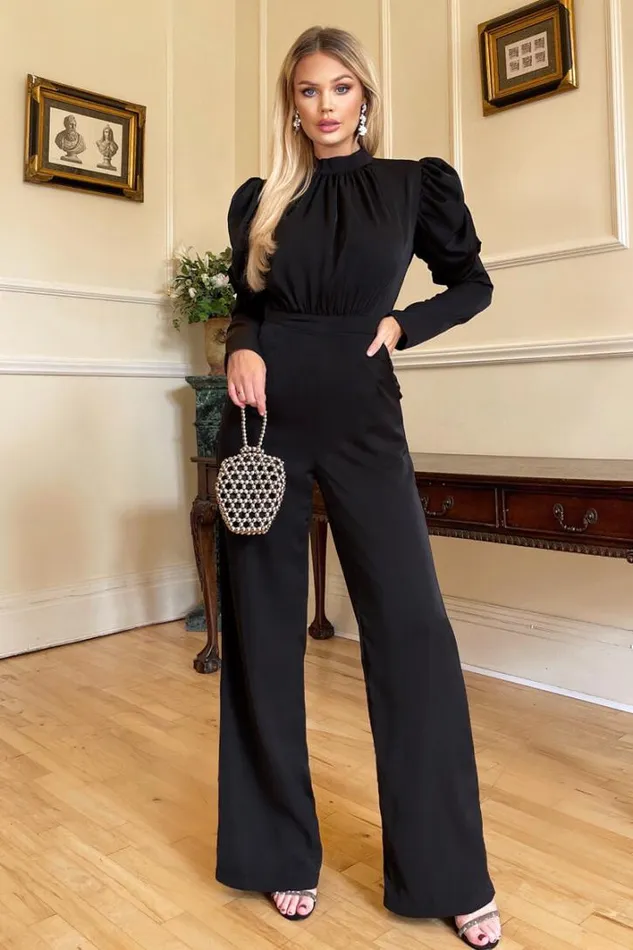 AX Paris Black High Neck Puff Sleeve Jumpsuit Jumpsuits And Playsuits