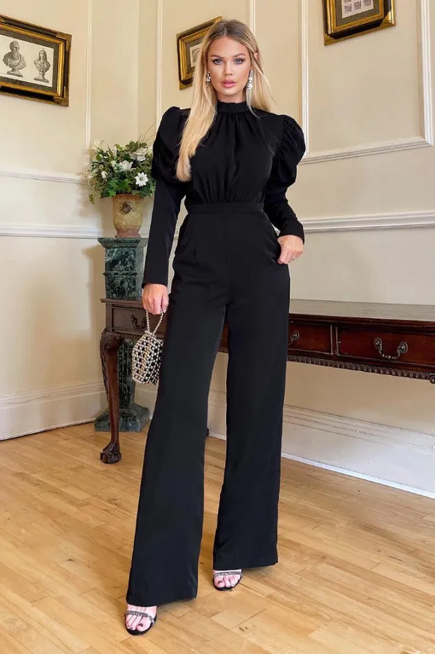 AX Paris Black High Neck Puff Sleeve Jumpsuit Jumpsuits And Playsuits