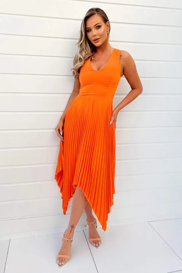 AX Paris Blood Orange VNeck Pleated Skirt Midi Dress Dresses
