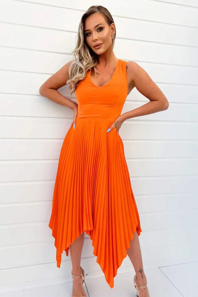 AX Paris Blood Orange VNeck Pleated Skirt Midi Dress Dresses