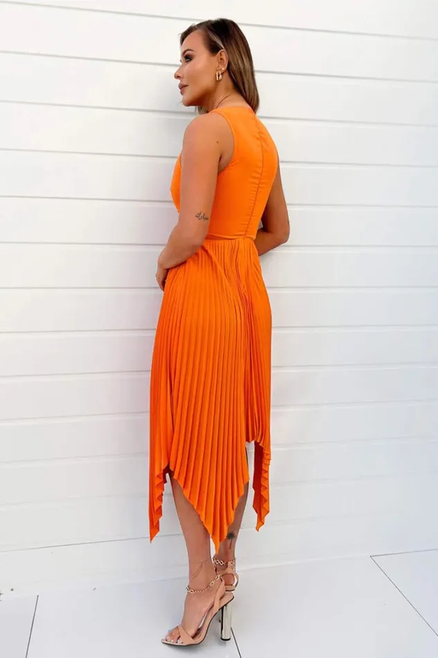 AX Paris Blood Orange VNeck Pleated Skirt Midi Dress Dresses
