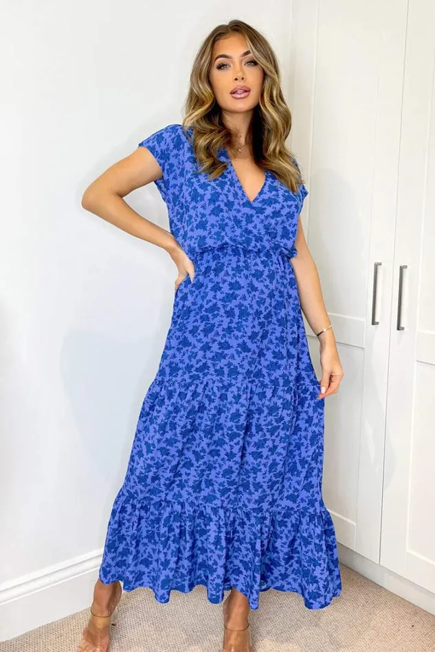 AX Paris Blue Floral Printed Short Sleeved VNeck Midi Smock Dress Dresses