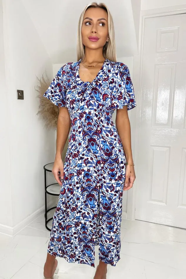 AX Paris Blue Floral V Neck Tie Detail Short Sleeve Midi Dress With Split Dresses