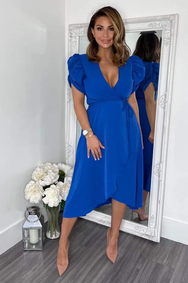 AX Paris Blue Wrap Over Tie Midi Dress Dresses