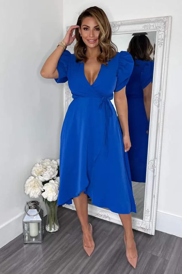AX Paris Blue Wrap Over Tie Midi Dress Dresses
