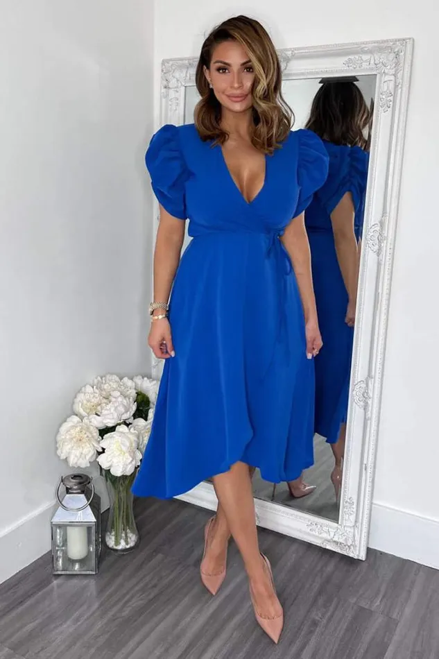 AX Paris Blue Wrap Over Tie Midi Dress Dresses