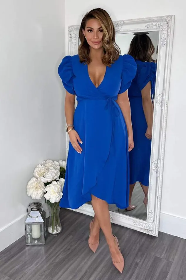 AX Paris Blue Wrap Over Tie Midi Dress Dresses