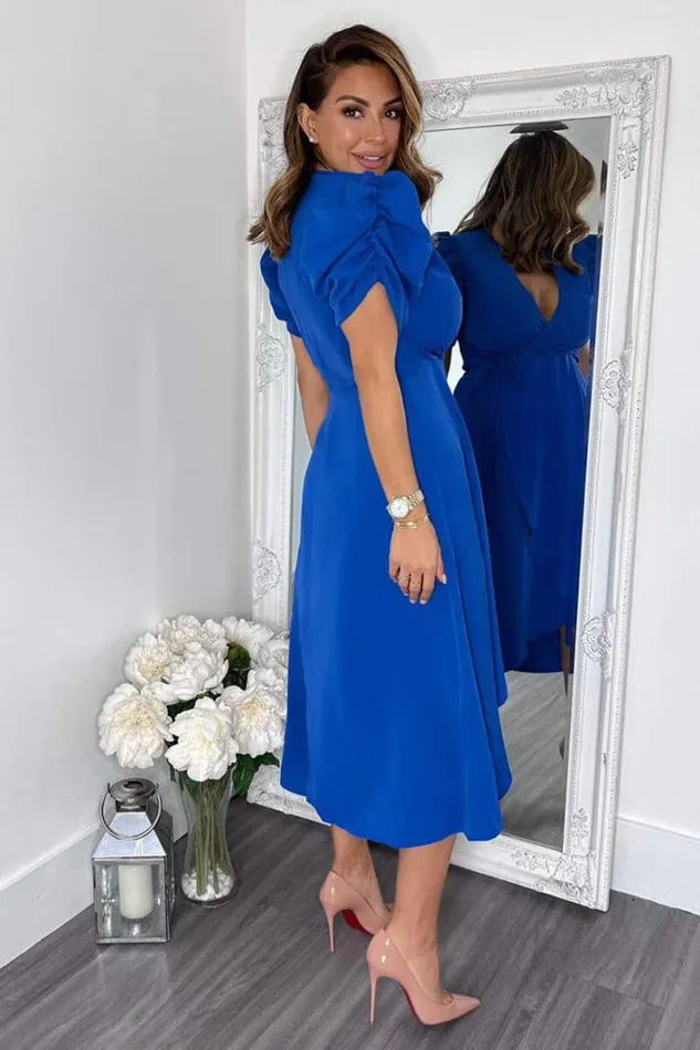 AX Paris Blue Wrap Over Tie Midi Dress Dresses