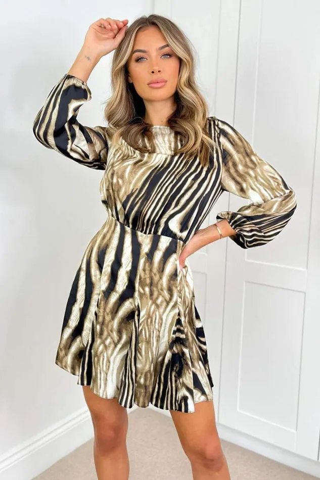 AX Paris Brown Printed Long Sleeve Mini Skater Dress Dresses