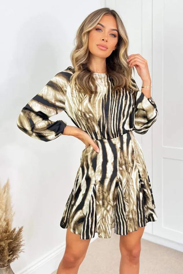 AX Paris Brown Printed Long Sleeve Mini Skater Dress Dresses