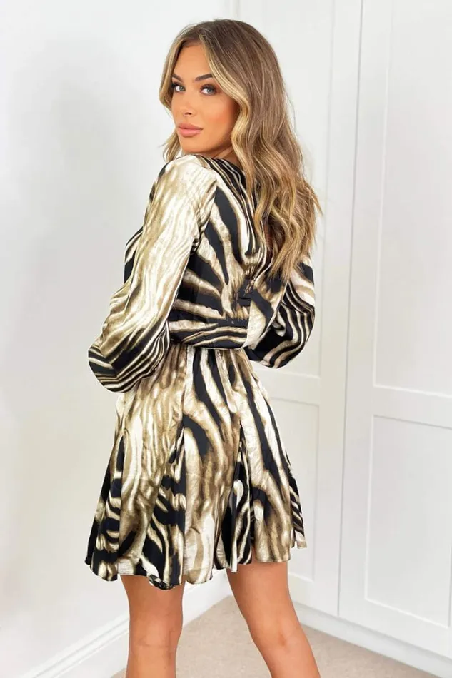 AX Paris Brown Printed Long Sleeve Mini Skater Dress Dresses