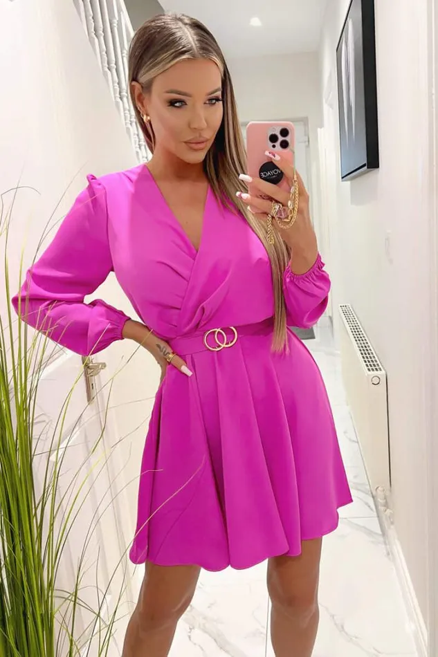 AX Paris Cerise Wrap Over Belted Skater Dress Dresses
