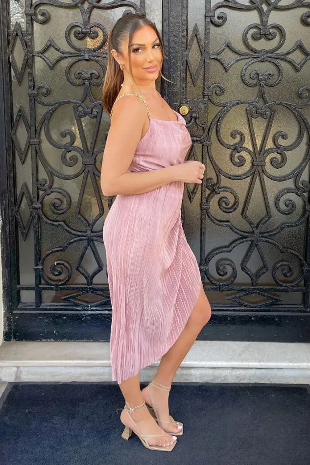 AX Paris Champagne Plisse Cowl Neck Gathered Midi Dress Dresses